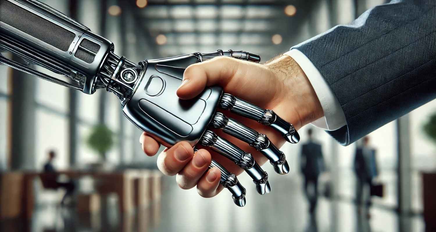 human man’s hand shaking hands with robot